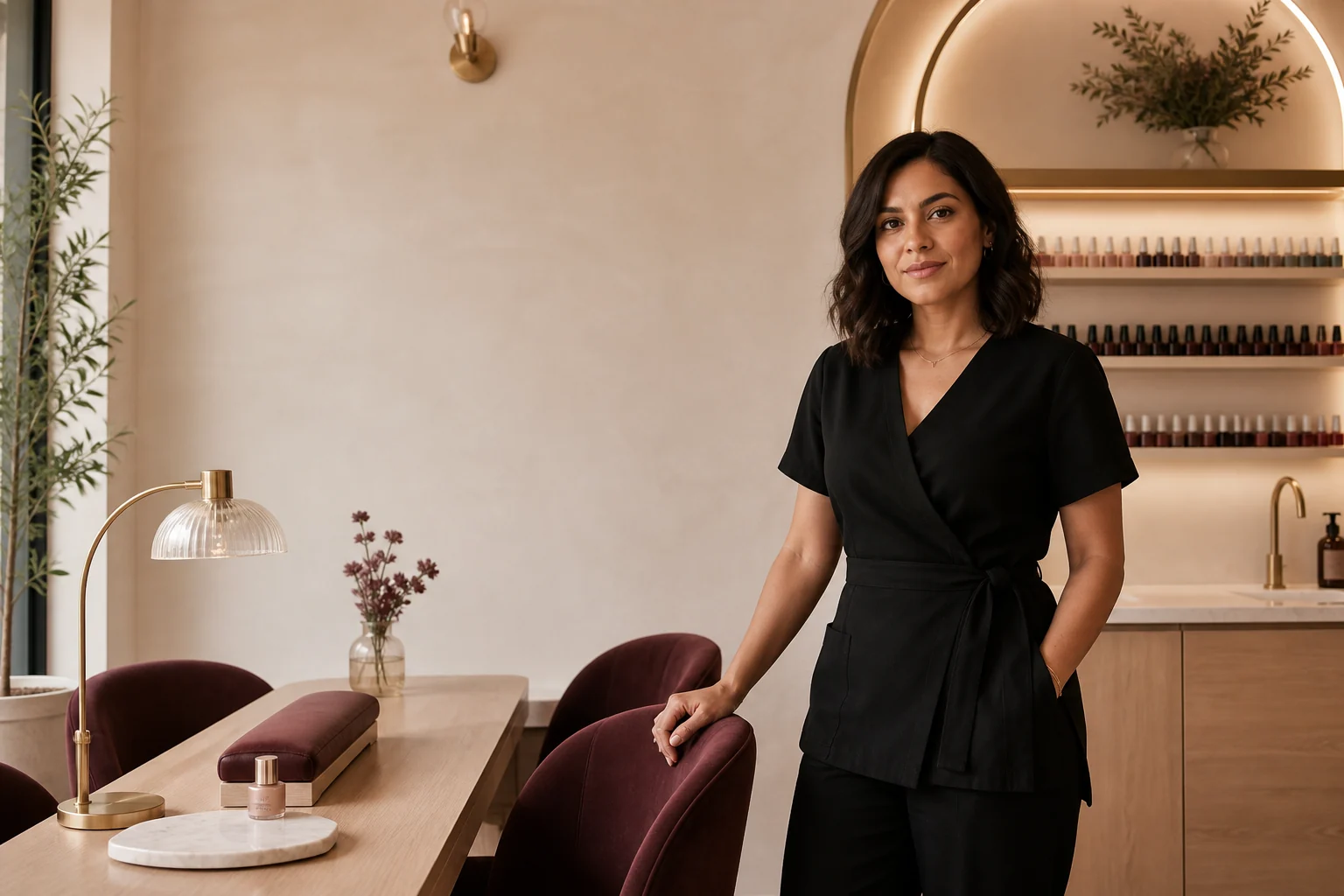 Fictional nail artist in a warm, contemporary studio