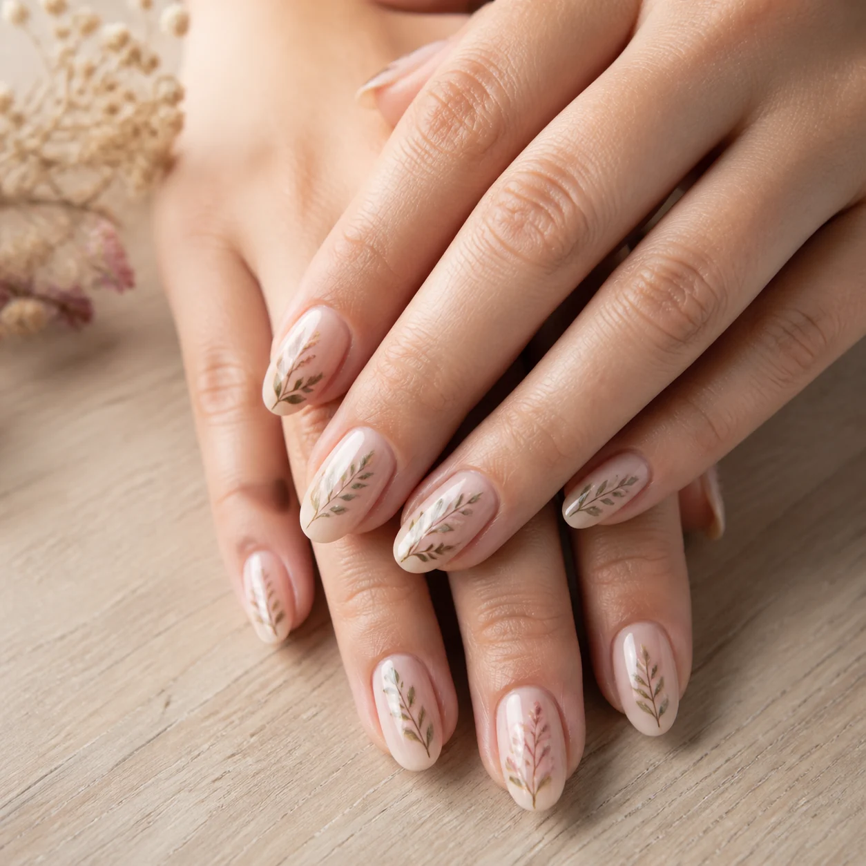 Neutral almond nails with botanical art