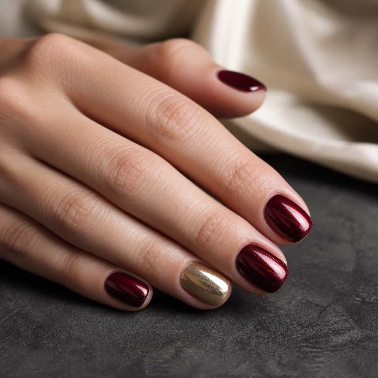 Deep burgundy manicure with chrome finish